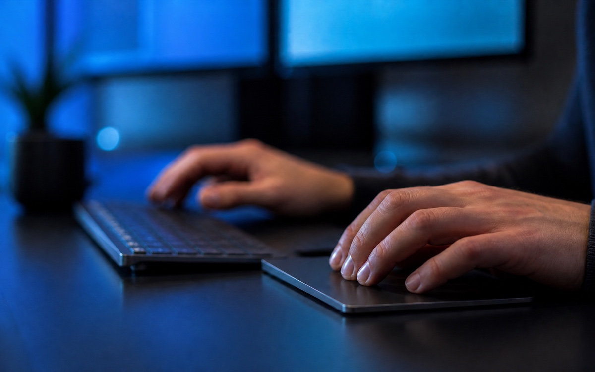 Manos operando un teclado y un trackpad frente a monitores