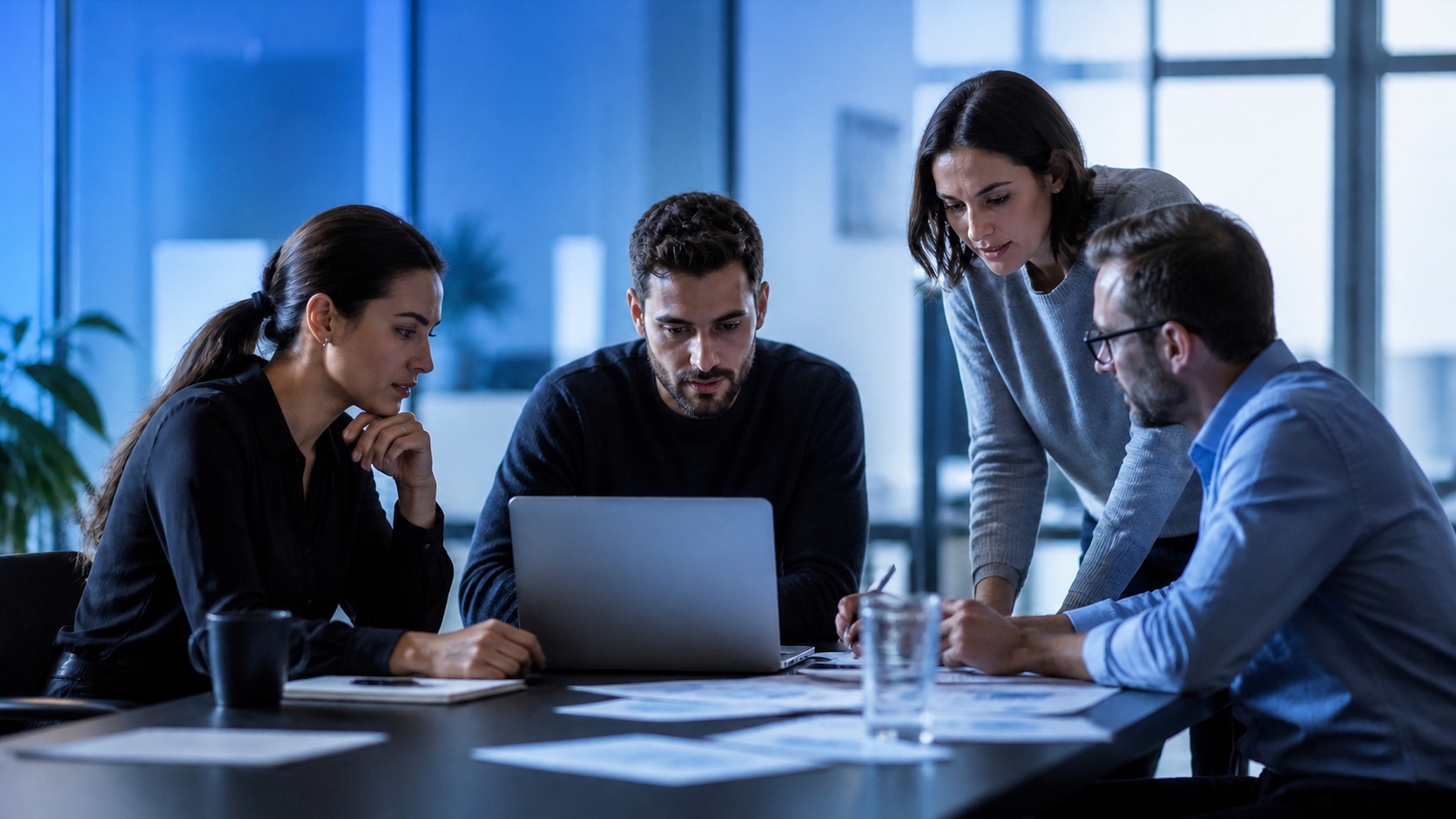 Equipo colaborando alrededor de una mesa de trabajo